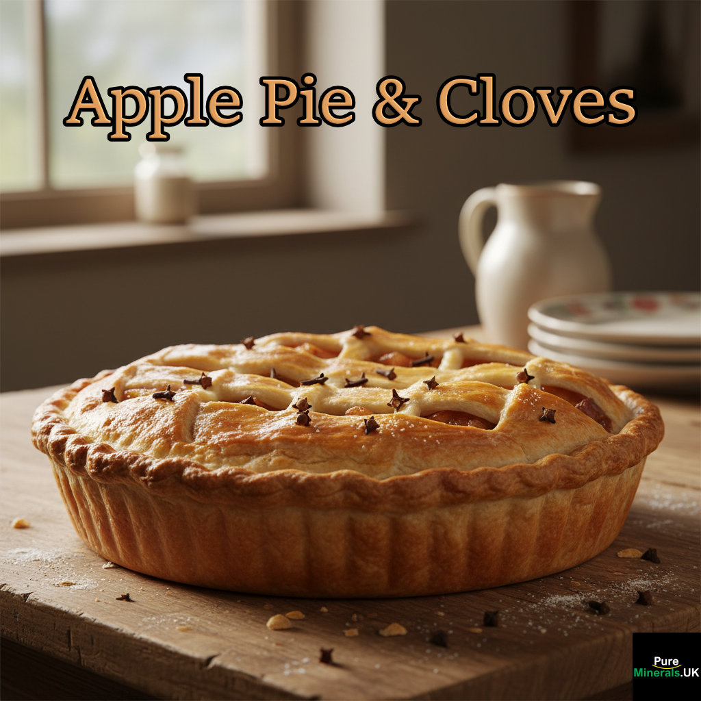 Apple pie and cloves on a farmhouse kitchen table.