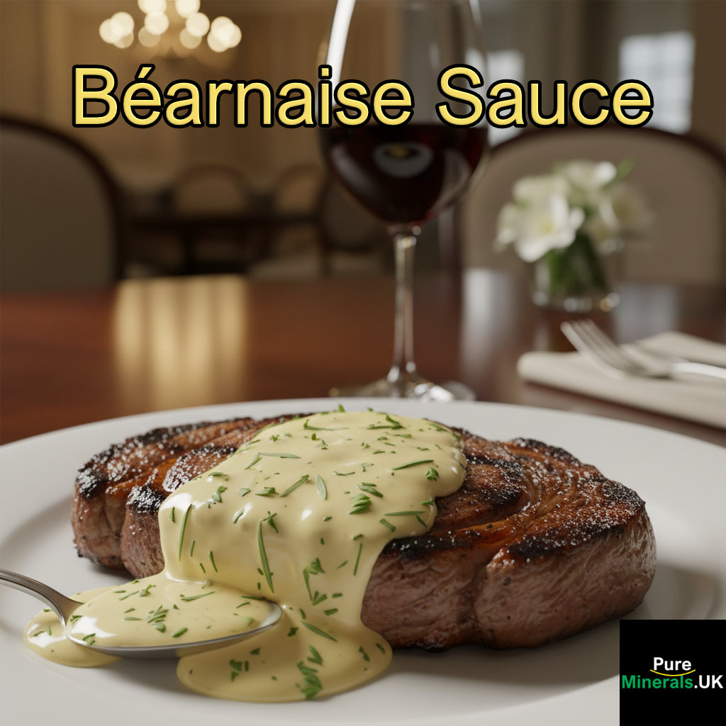A close-up of a seared steak topped with creamy, herb-flecked Béarnaise sauce with chervil, served on a plate at a dimly lit dining table with a glass of red wine.