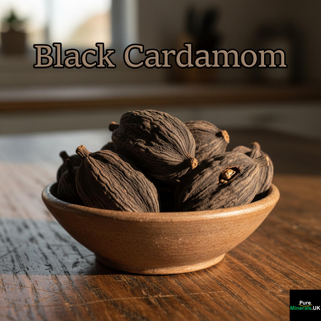 Close-up of dark, smoky black cardamom pods in a rustic brown bowl on a wooden kitchen surface.
