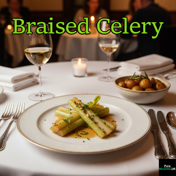 Elegant fine dining presentation of a braised and glazed celery main dish on a white china plate, accompanied by a glass of white wine on a restaurant table.