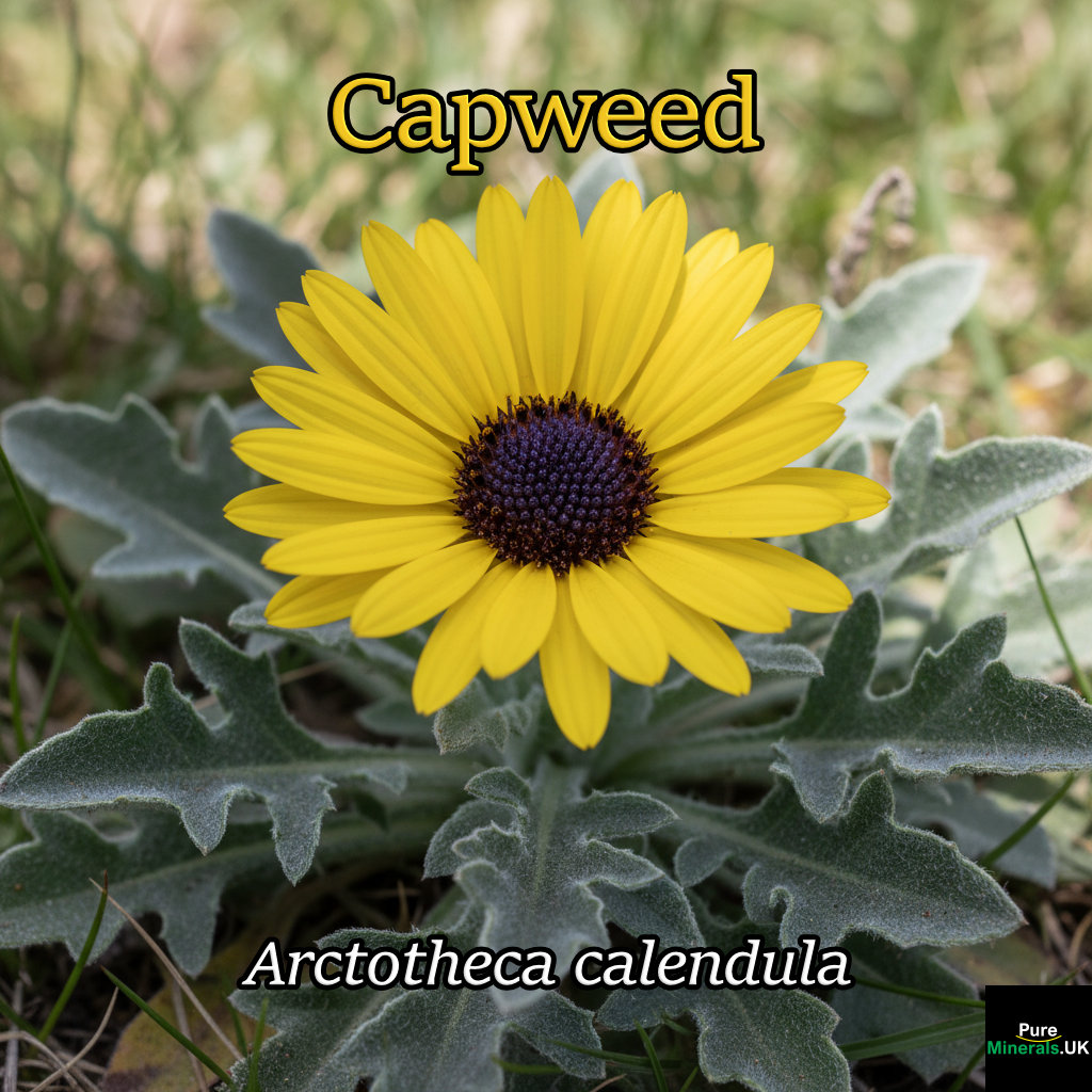 A close-up photograph of a Capeweed flower (Arctotheca calendula) with bright yellow petals and a dark center, resting on a basal rosette of woolly, gray-green leaves.