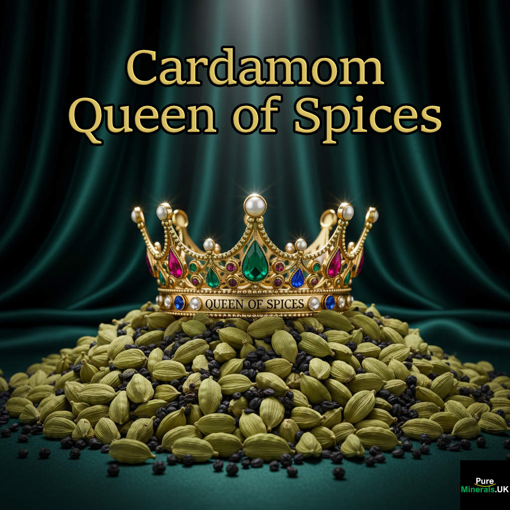 A golden, jeweled crown resting on a pile of vibrant green cardamom pods, symbolizing the 'Queen of Spices,' on a dark green velvet background.