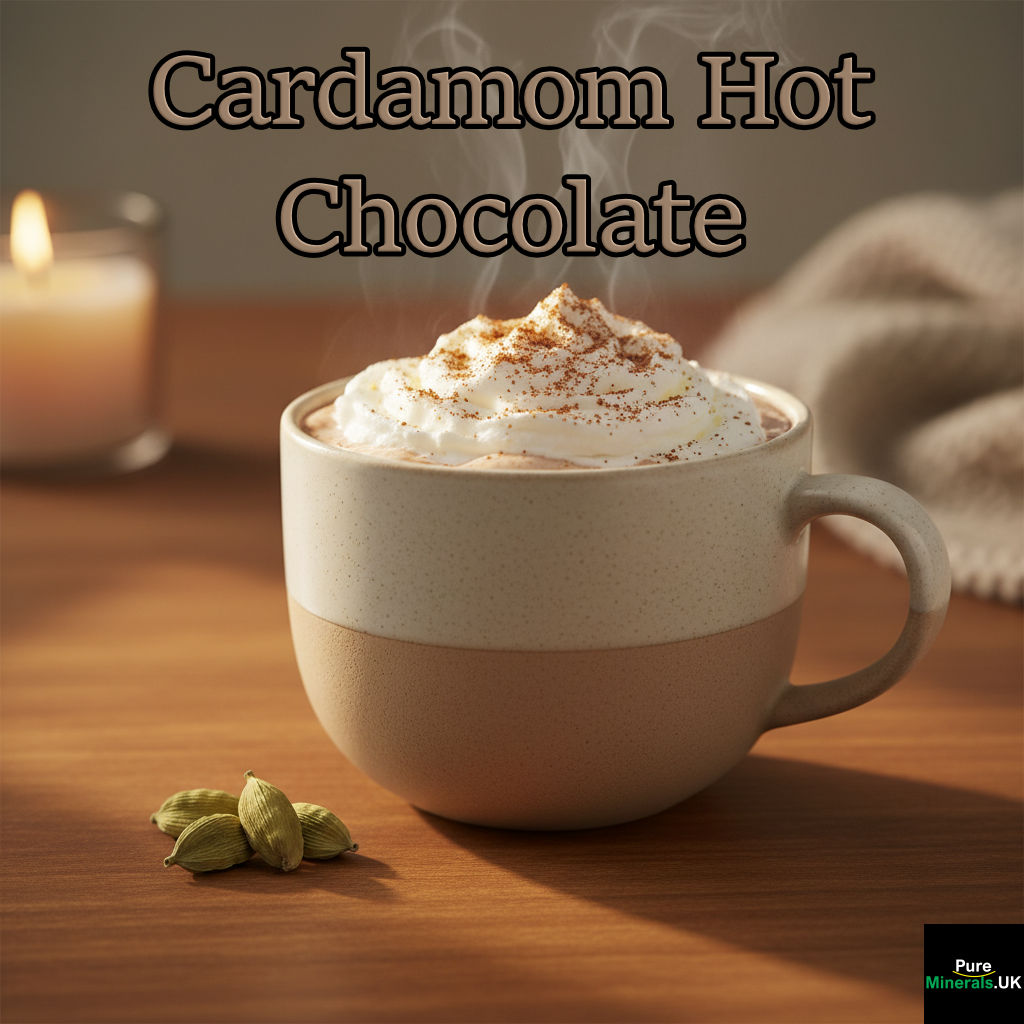 A mug of cardamom hot chocolate with whipped cream on a wooden dining table, with whole green cardamom pods next to it.