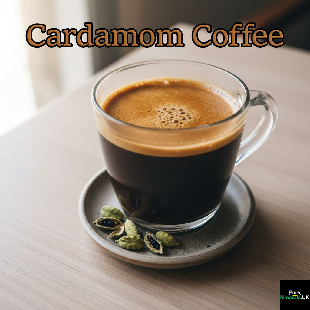 A clear glass mug of cardamom-infused coffee with crema, sitting on a saucer with green cardamom pods on a light wooden surface.