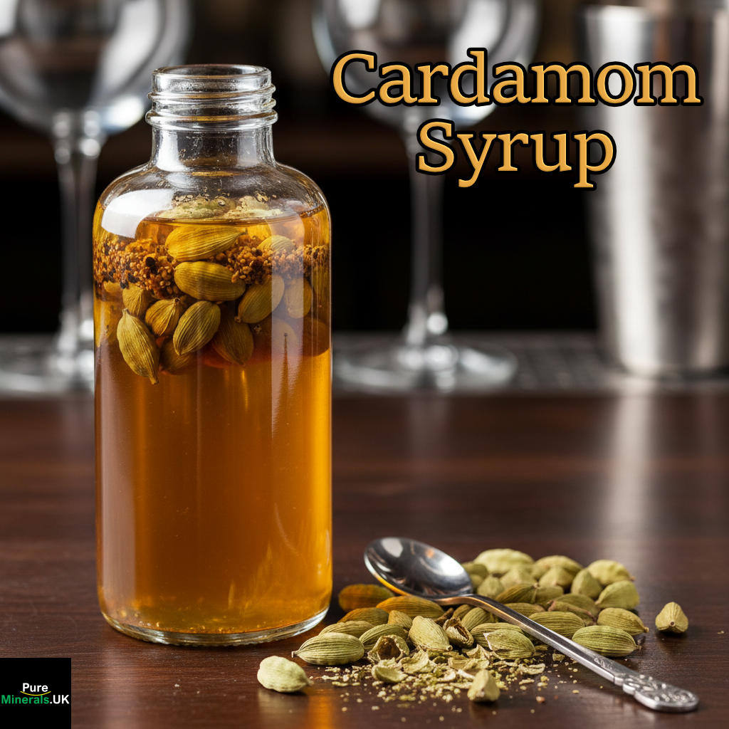A clear glass bottle of golden-amber cardamom syrup with green cardamom pods scattered on a dark wooden counter.