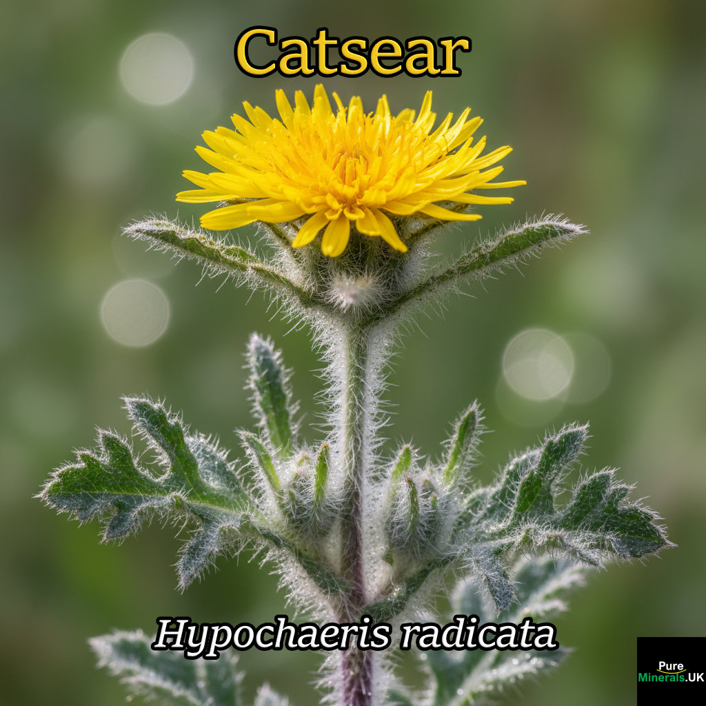 A close-up photograph of a Catsear plant (Hypochaeris radicata) showing the yellow flower, hairy, branched stem, and basal rosette of hairy leaves.