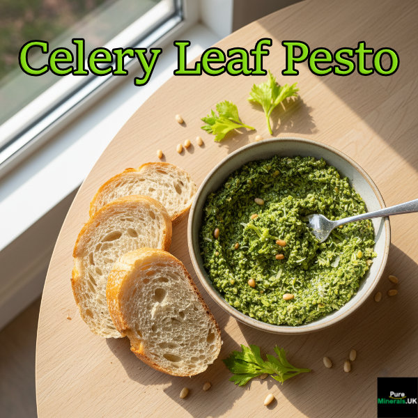 Overhead shot of a bowl of vibrant green Celery Leaf Pesto garnished with pine nuts and served on a wooden table with slices of artisan bread.