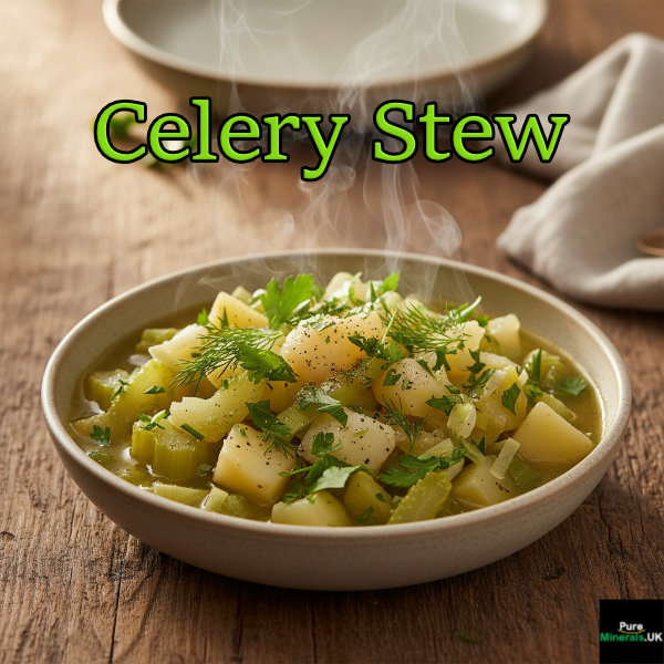 Close-up, professional food photograph of a steaming hot bowl of rich Celery Stew garnished with fresh herbs, set on a rustic wooden dining table.