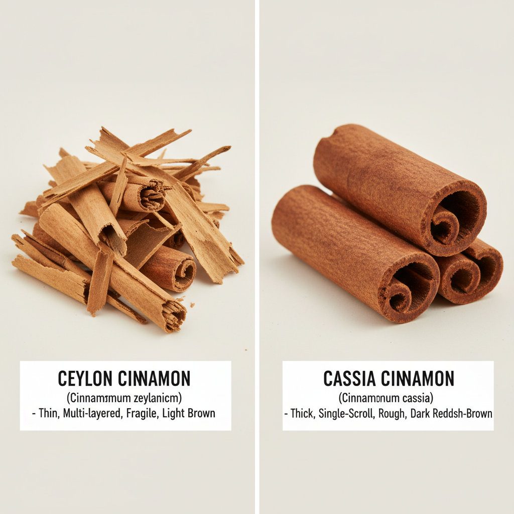Visual comparison of cinnamon sticks. On the left are thin, light-brown, multi-layered Ceylon cinnamon quills. On the right are thick, dark-brown, single-scroll Cassia cinnamon sticks.