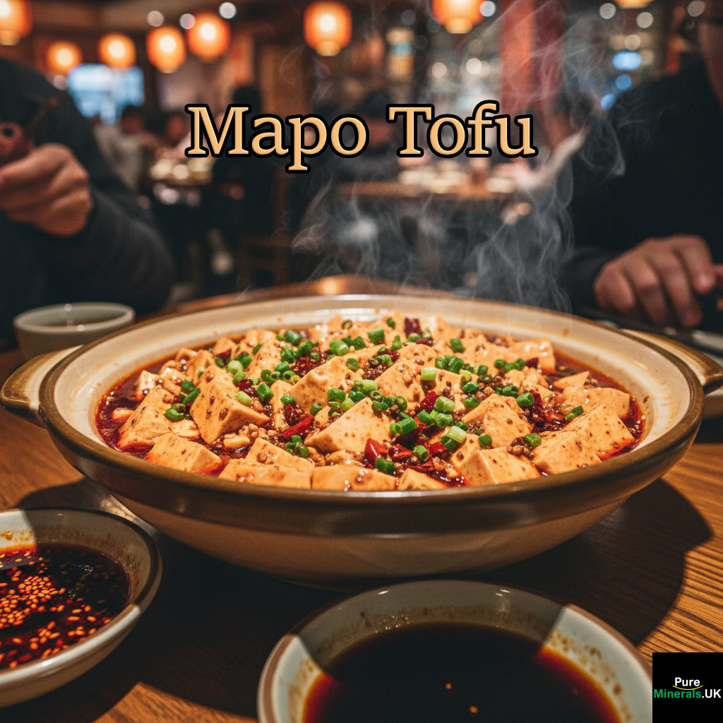 Close-up of a steaming bowl of bright red Mapo Tofu garnished with green scallions and Sichuan peppercorns on a dark restaurant table.