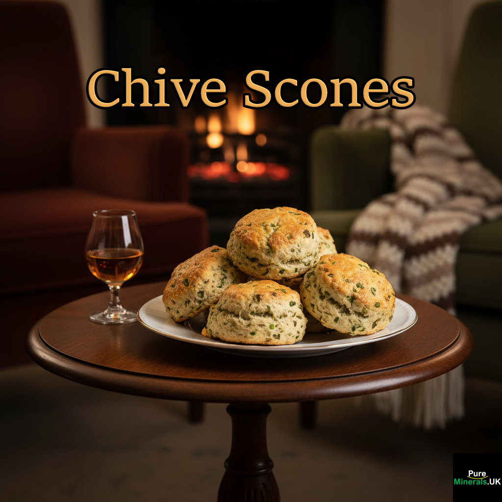 A plate of freshly baked savory chive scones with visible green flecks, placed on a lounge table next to a glass of sherry or port wine.