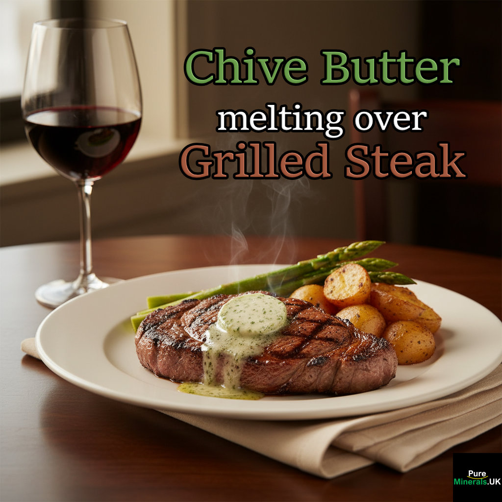 A grilled steak on a white plate with a slice of melting chive compound butter, served with roast potatoes and green vegetables on an elegant dining table.