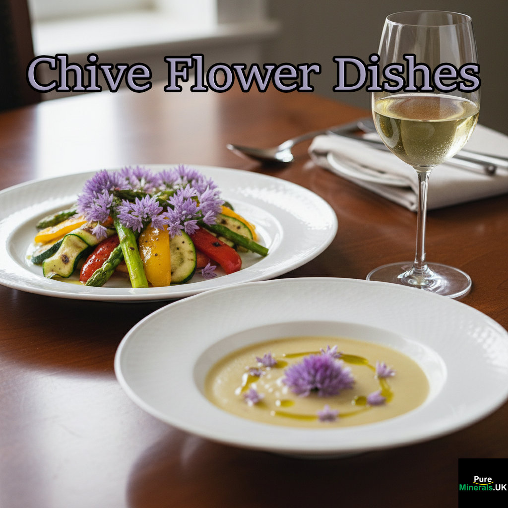 An elegant dining scene featuring a plate of grilled vegetables and a bowl of creamy soup, both garnished with delicate purple chive flowers, next to a glass of white wine.