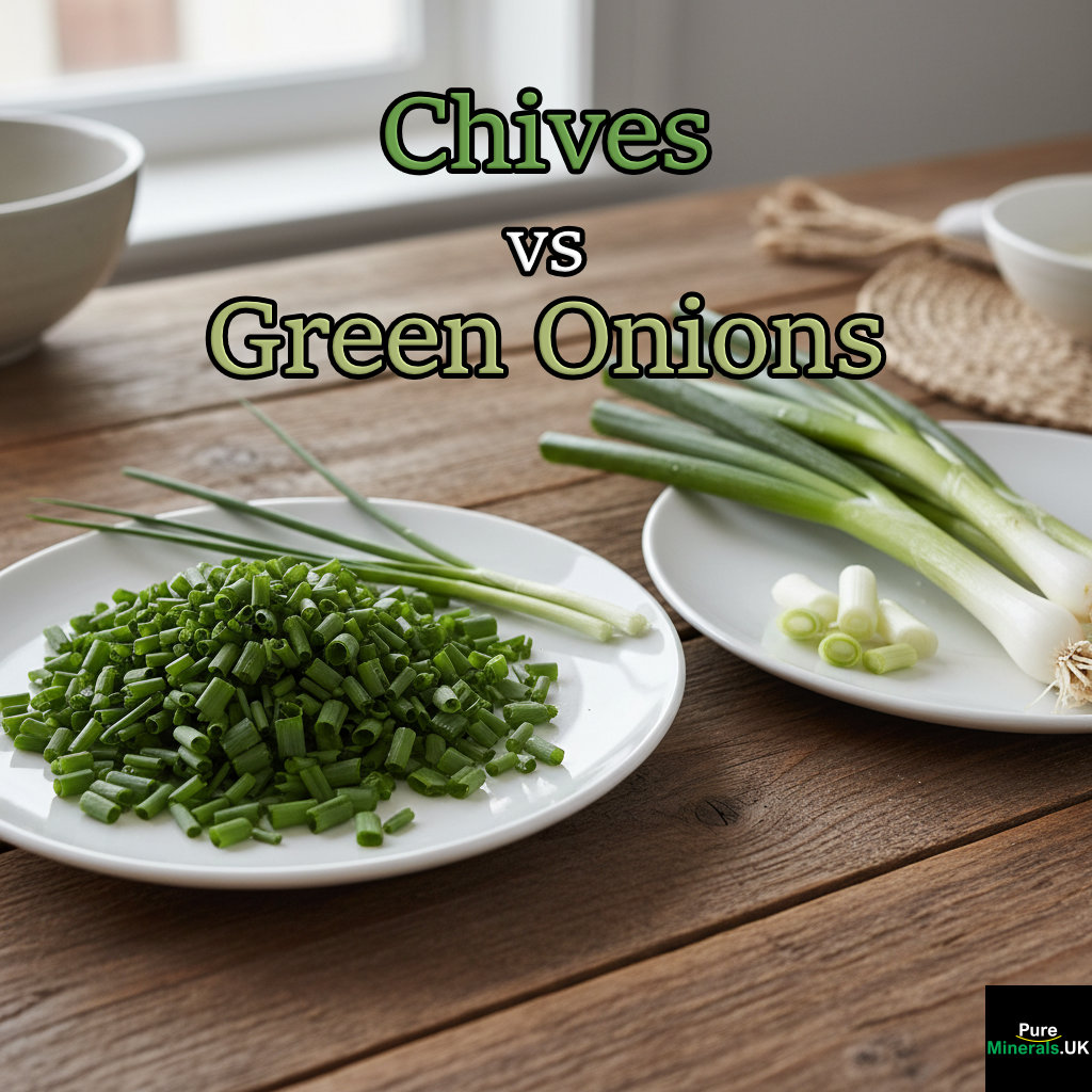 Close-up, professional food photograph of two white plates on a rustic wooden table. One plate contains finely sliced chives, and the other contains chopped green onions (scallions), highlighting the difference in size and texture.