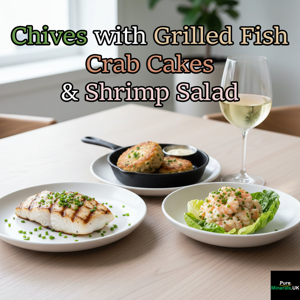 An elegant arrangement of three seafood dishes on a dining table: grilled fish with chives, chive crab cakes, and shrimp salad with chives, accompanied by a glass of white wine.