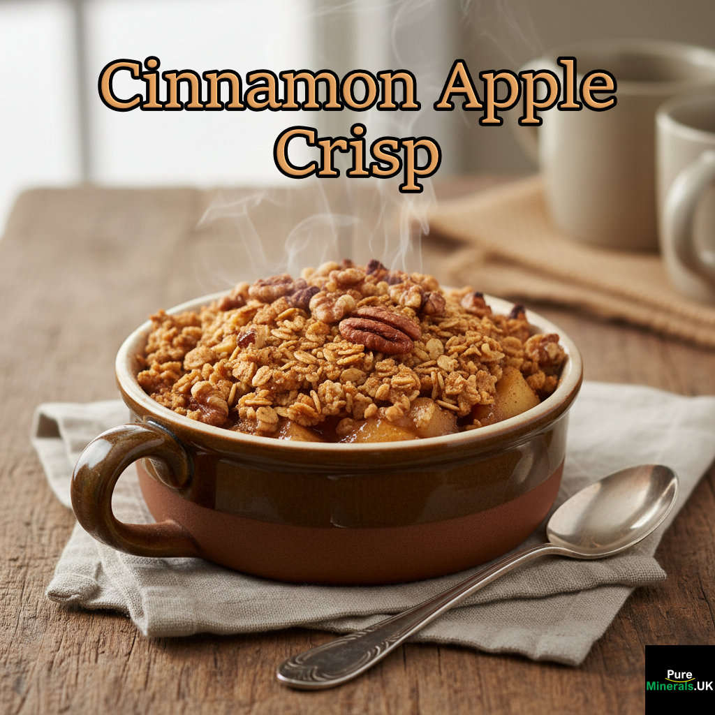 Cinnamon Apple Crisp in a ramekin, topped with a crisp oat and nut mixture, with a spoon on a wooden table.