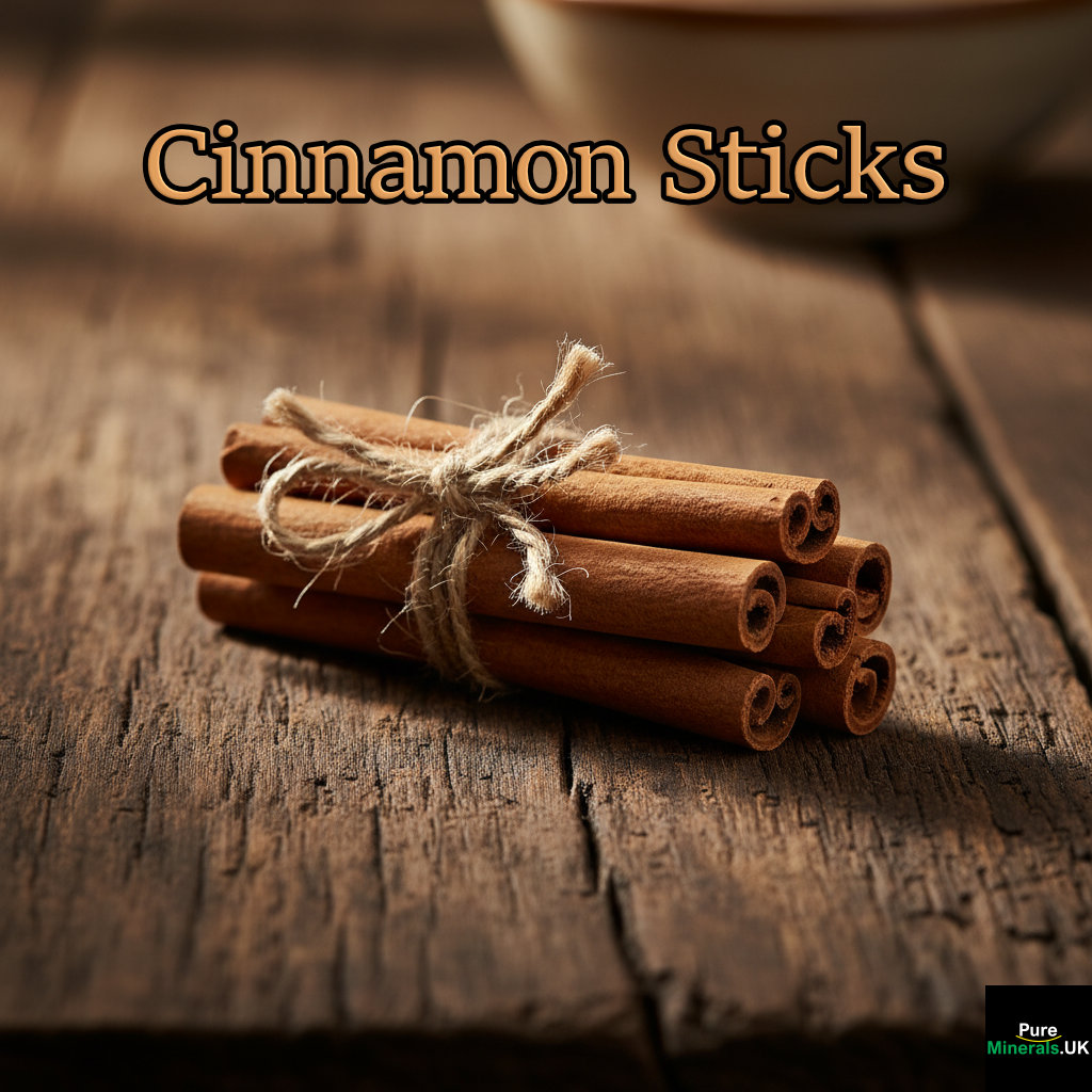 A bundle of Cassia cinnamon sticks on a kitchen table.