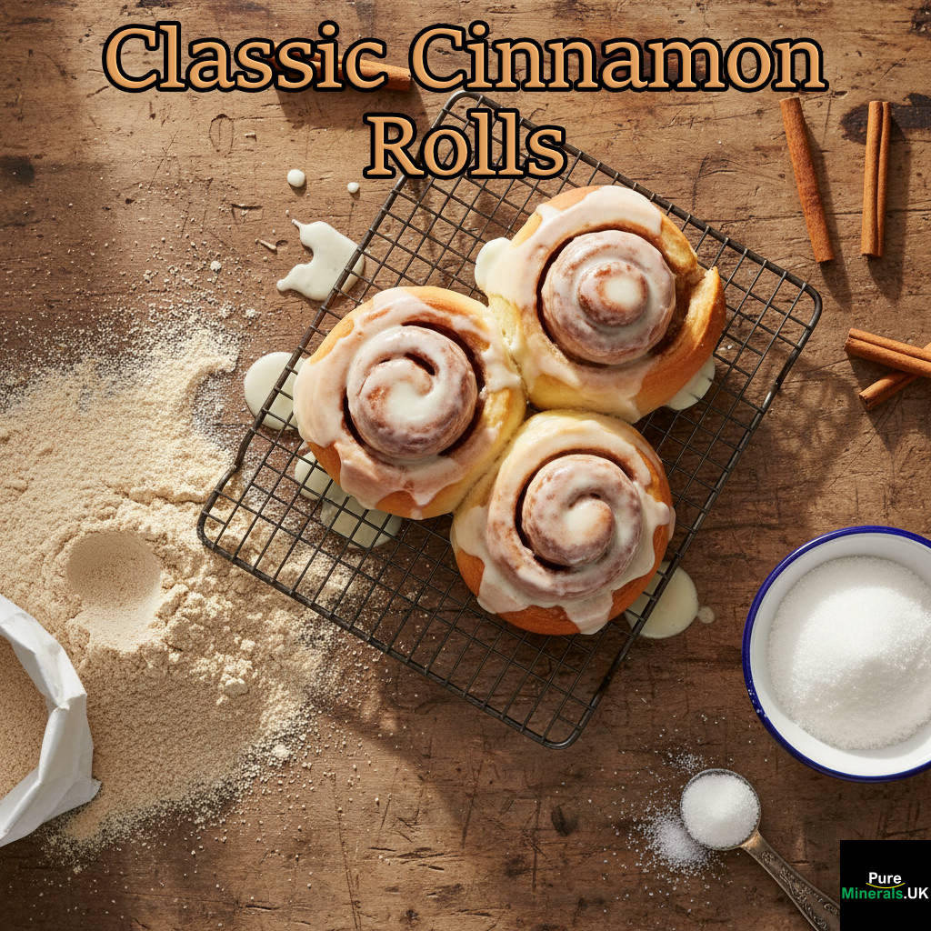 Overhead view of iced cinnamon rolls on a cooling rack next to piles of whole-grain flour and white refined sugar on a wooden surface.