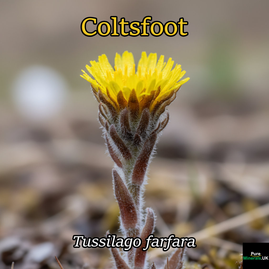A macro photograph of a bright yellow Coltsfoot flower (Tussilago farfara) on a reddish, scaly stem, emerging from the ground in early spring.