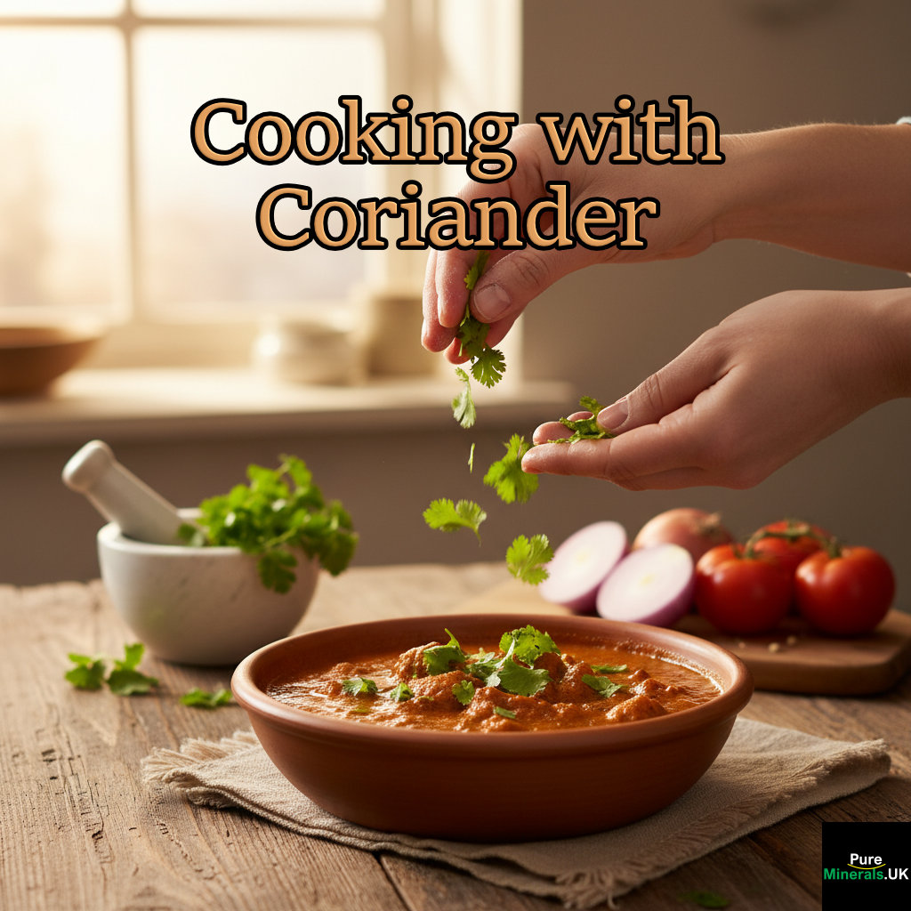 Close-up of hands garnishing a warm, savory dish with fresh green cilantro in a rustic farmhouse kitchen setting.