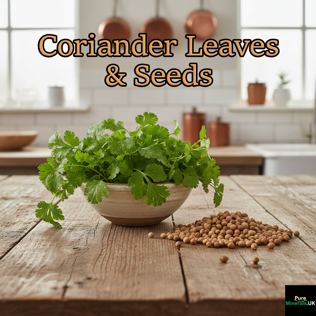 A visual comparison on a wooden farmhouse table showing fresh green cilantro leaves in a white bowl next to a pile of dried coriander seeds, highlighting the difference between the herb and the spice.