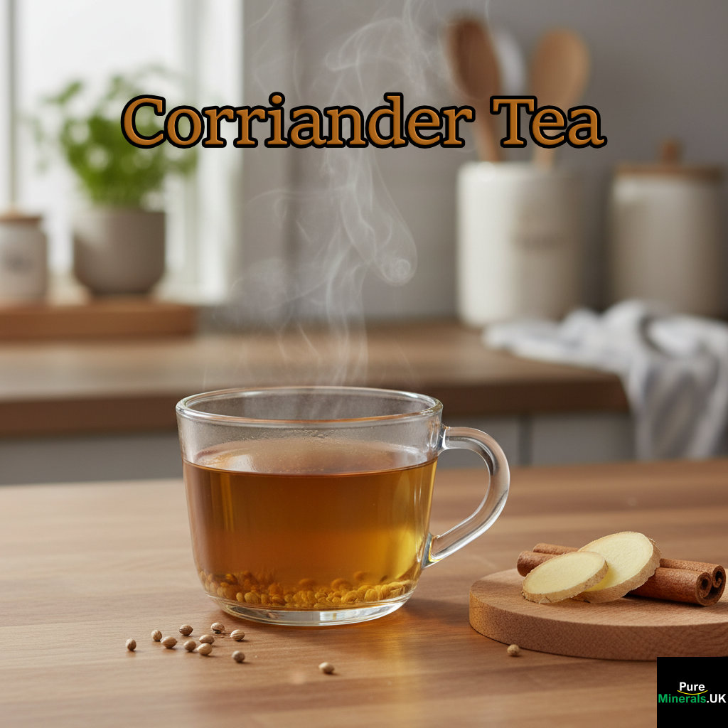 A glass teacup of warm coriander seed tea with a slice of ginger and a cinnamon stick on a modern kitchen table.