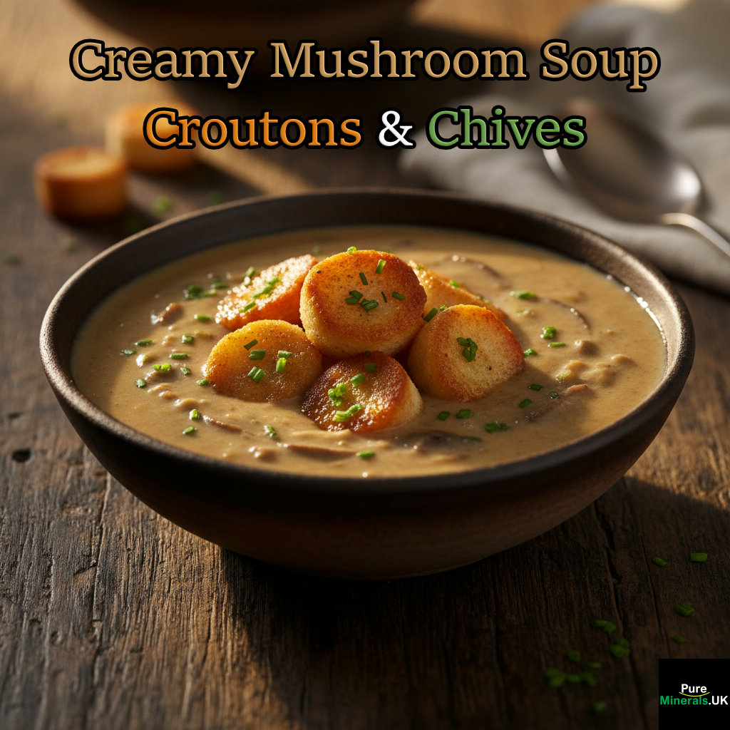 Creamy mushroom soup in a white bowl, garnished with croutons and bright green chives on a dark wooden table.