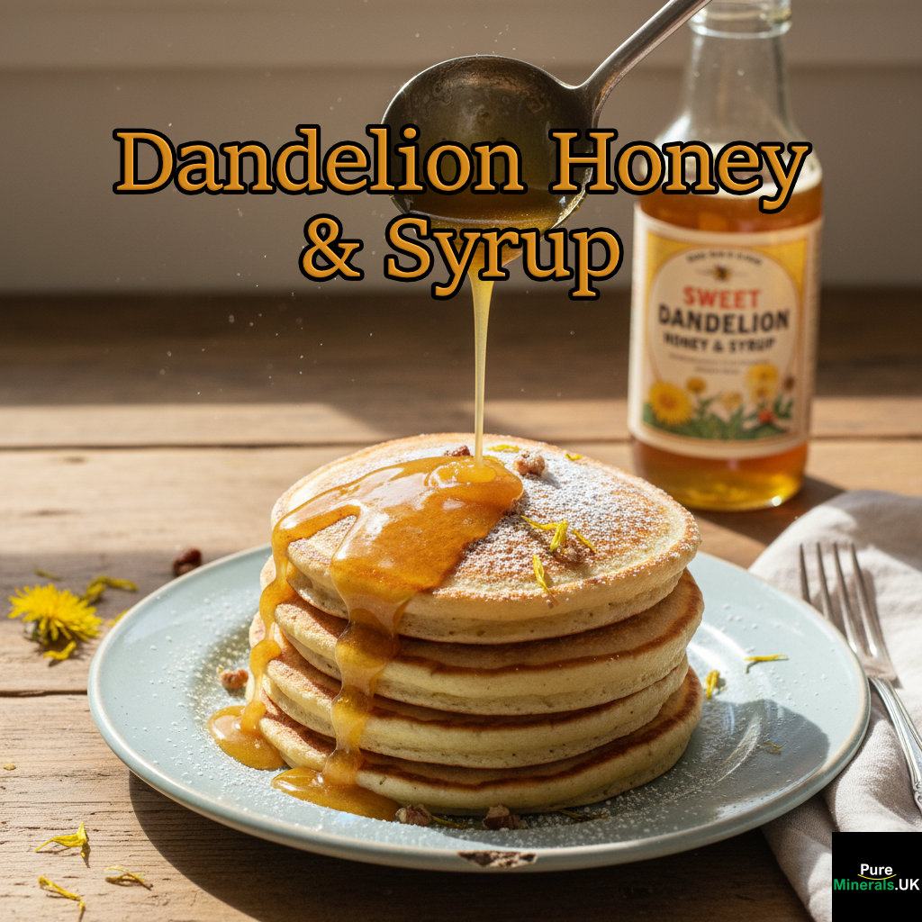 Golden-yellow Dandelion Honey and Syrup being drizzled over a stack of fluffy pancakes in a sunlit farmhouse kitchen.