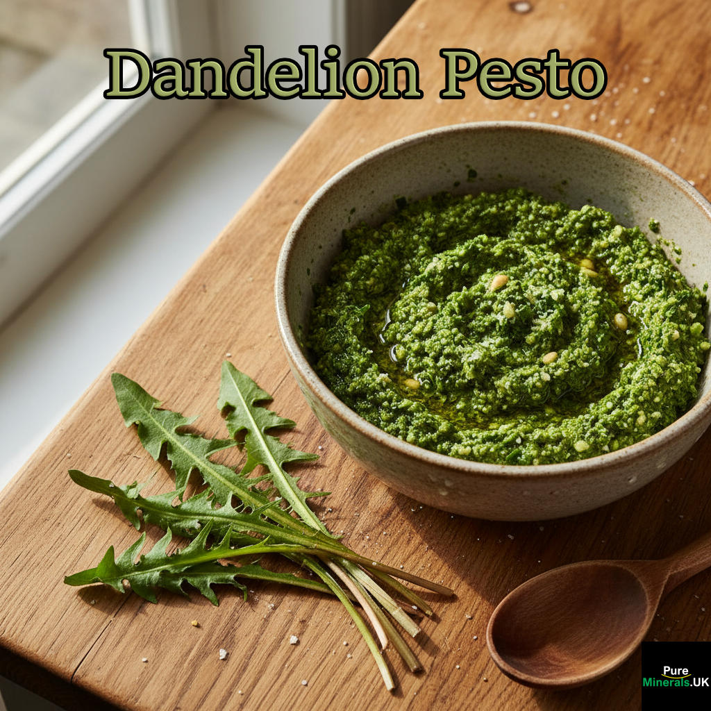 A close-up of a bowl of vibrant, bright green Dandelion Pesto on a wooden counter, garnished with fresh dandelion leaves and a wooden spoon.