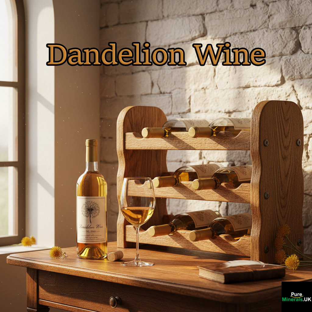 A wooden wine rack filled with labeled bottles of homemade Dandelion Wine, with one uncorked bottle and a glass of the golden wine poured on a table.