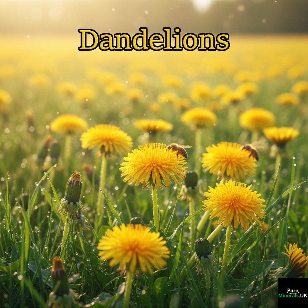 A serene landscape photo of yellow dandelions blooming on the green bank of a calm river under a golden sunset.