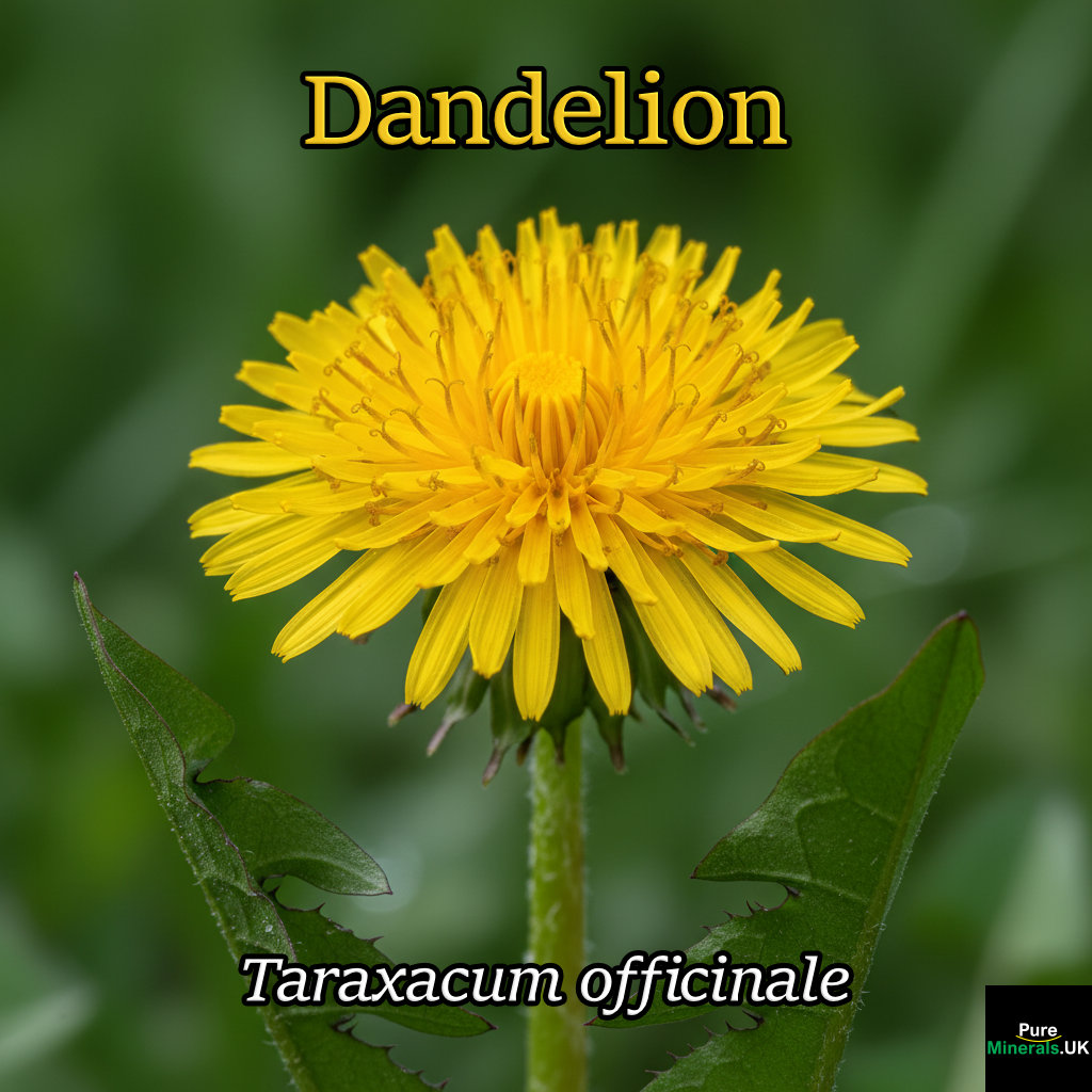 A high-resolution macro photograph of a single, bright yellow Dandelion flower (Taraxacum officiale) showing detailed petals and green leaves against a blurred background.