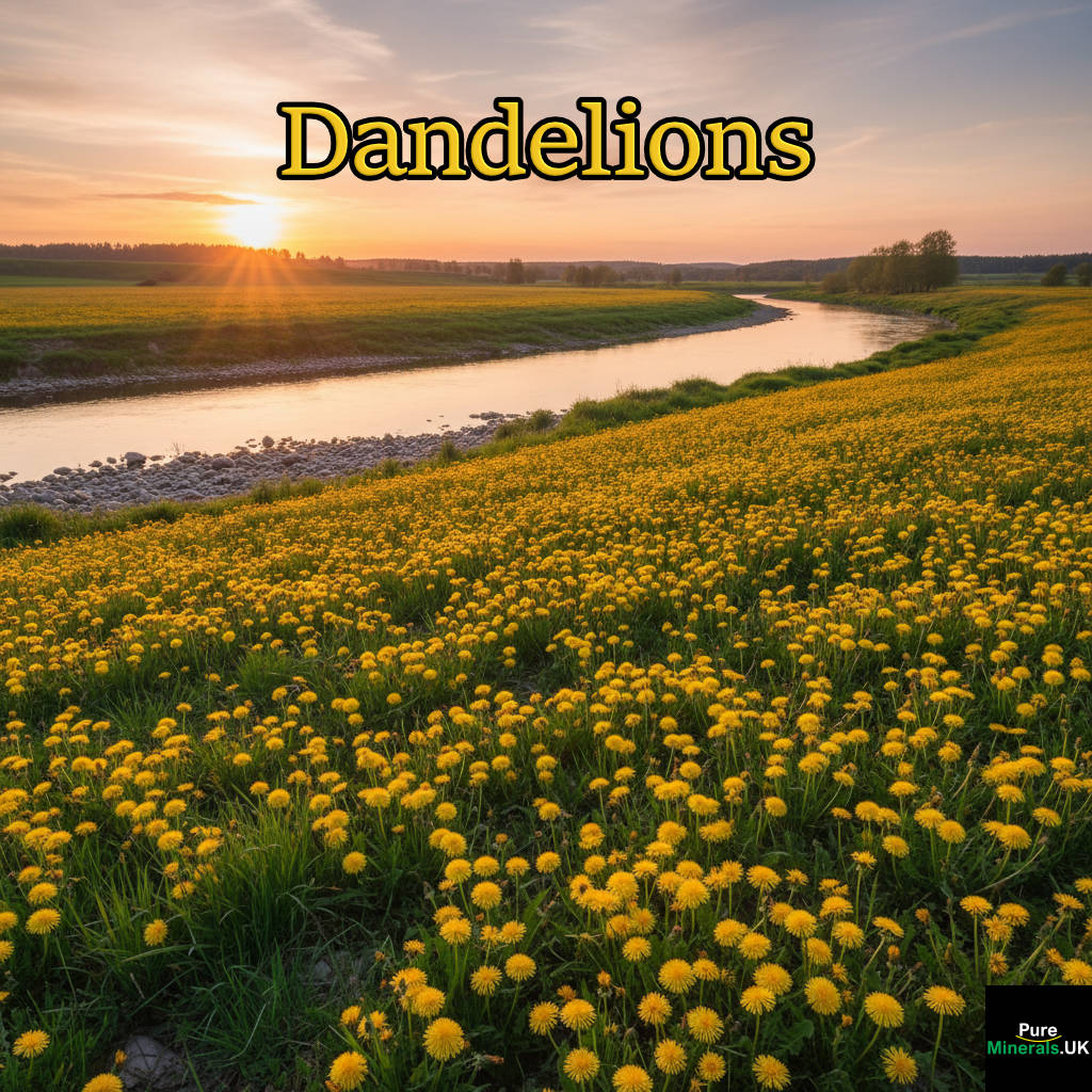 A tranquil, wide-angle photograph capturing a field of flowering dandelions nestled right along the bank of a calm, winding river. The scene is bathed in the warm, golden light of the setting sun, highlighting the yellow blooms and the reflective surface of the water. This image is optimized for a nature-themed presentation slide or a calming website background.