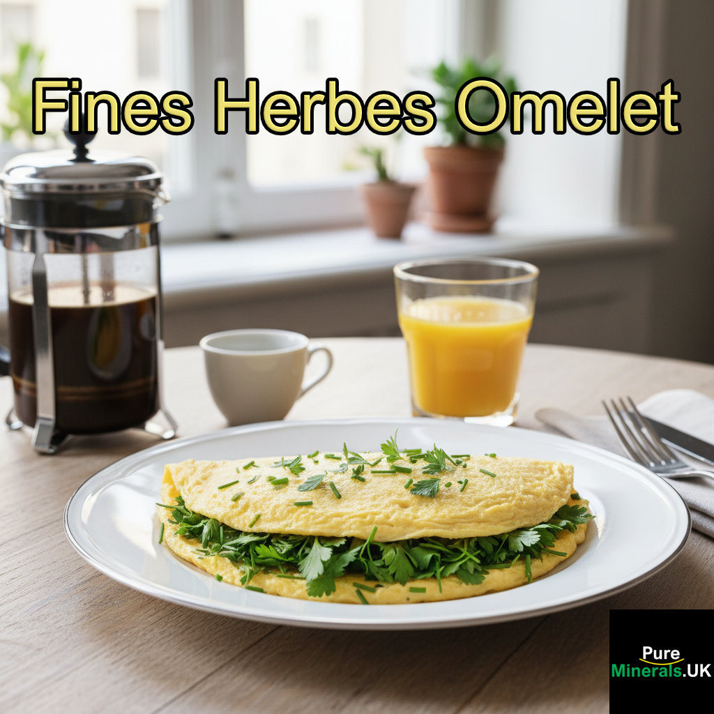 A light and fluffy Fines Herbes Omelet garnished with fresh chervil, parsley, tarragon, and chives, served with French press coffee on a bright dining table.