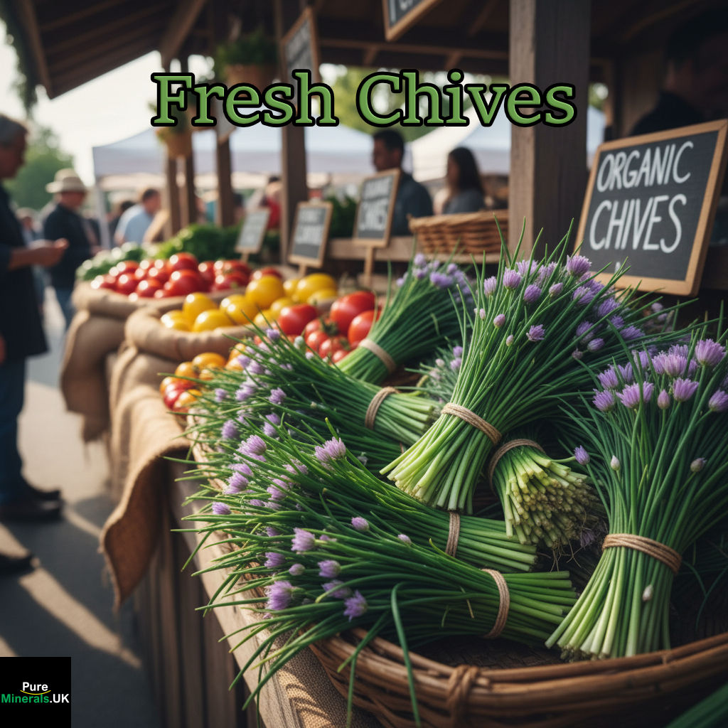 Bundles of vibrant green, fresh chives displayed on a wooden surface at a farmer's market stall, with other produce softly blurred in the background.