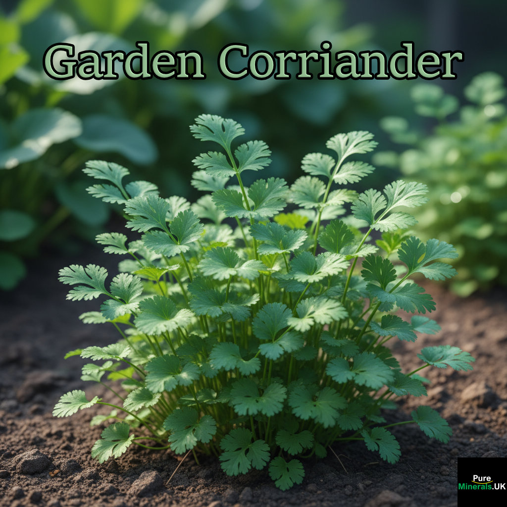 Close-up of healthy, vibrant green coriander plants growing in dark, well-draining soil under bright, cool sunlight in a garden.