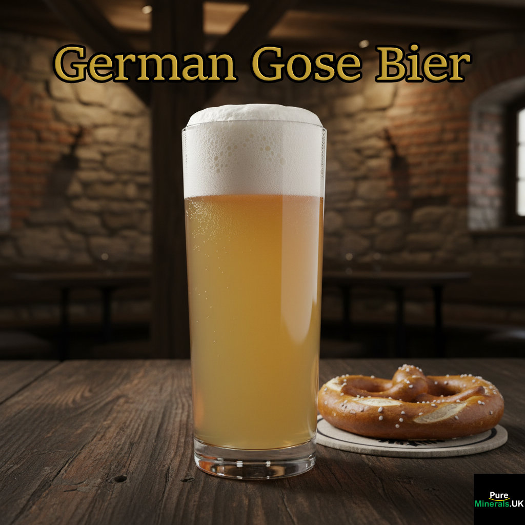 A tall glass of cloudy, pale golden German Gose beer with a thick white head, resting on a wooden table in a traditional German beer cellar.