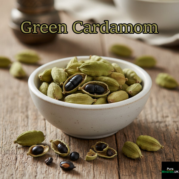 Close-up of bright green cardamom pods and dark seeds in a white bowl on a textured wooden kitchen table.