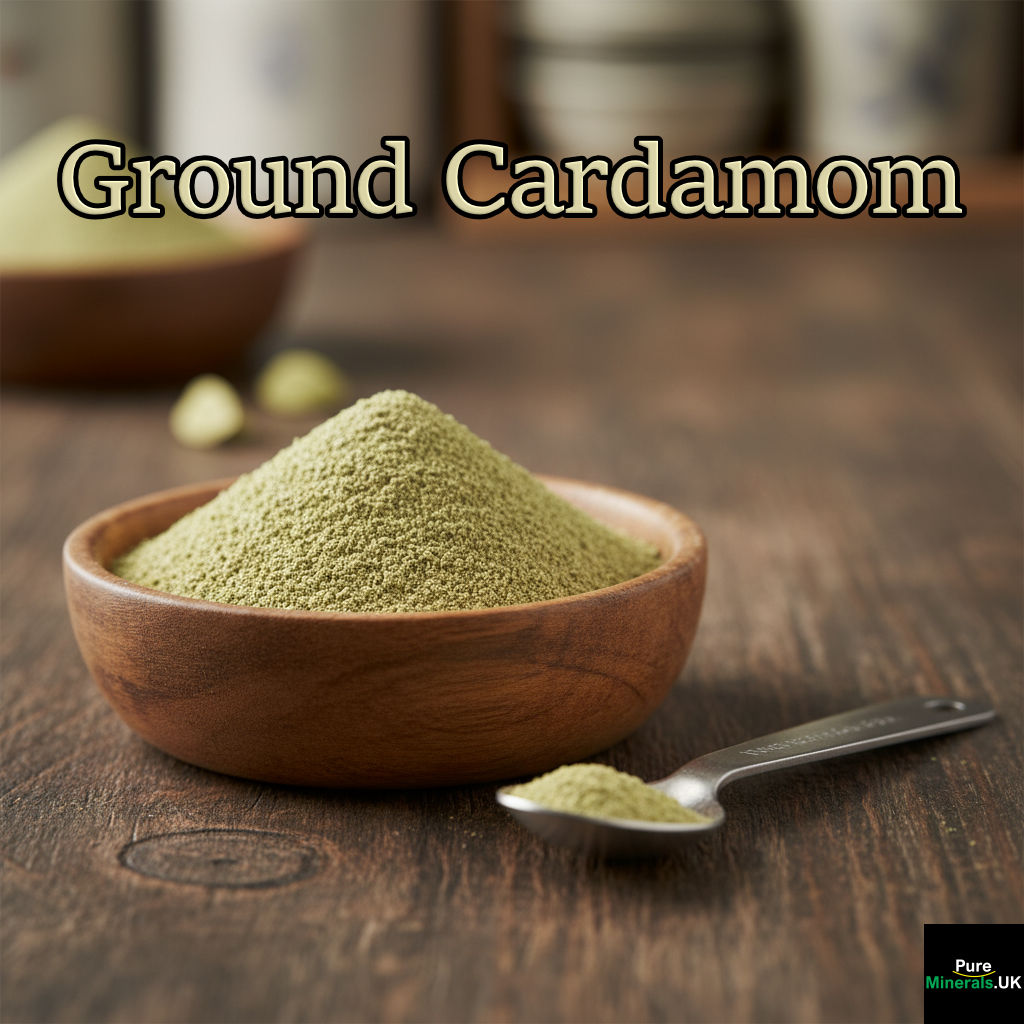 Close-up of fine, light green ground cardamom powder in a small wooden bowl with a silver measuring spoon on a dark wooden surface.