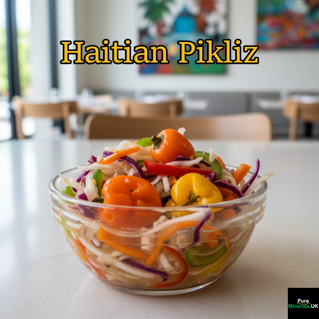 A jar of vibrant Haitian Pikliz, a spicy pickled vegetable relish.