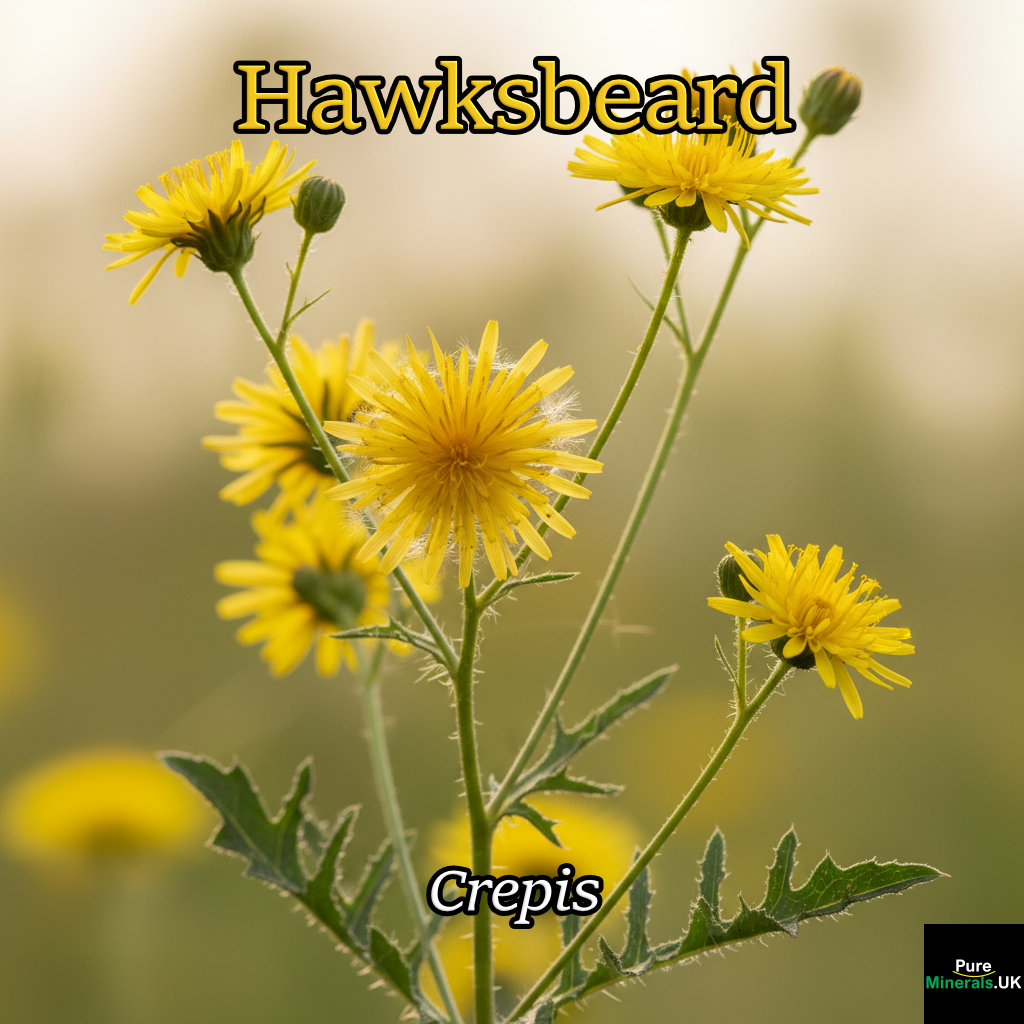 A close-up photograph of a Hawksbeard plant (Crepis) showing multiple small, yellow flower heads on a branching stem with lobed leaves.