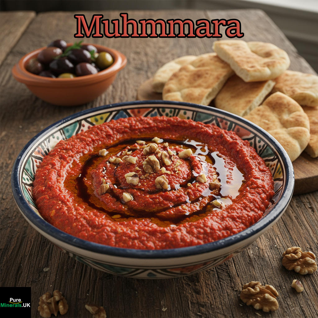 A rustic ceramic bowl of bright red Muhmmara dip, garnished with olive oil and walnuts, served with pita bread on a wooden table.