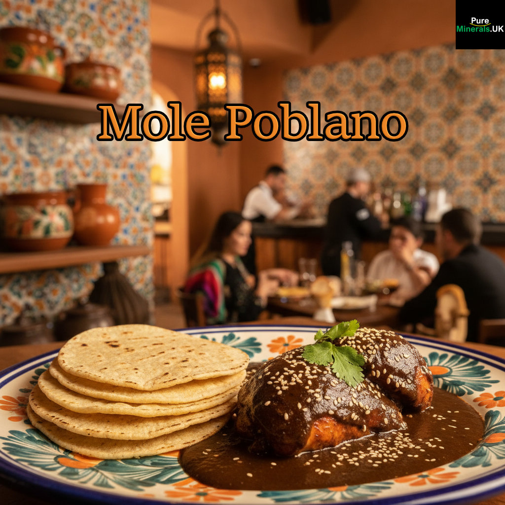 A plate of Mole Poblano with chicken and sesame seeds, set on a table in a dimly lit, traditional Mexican restaurant.