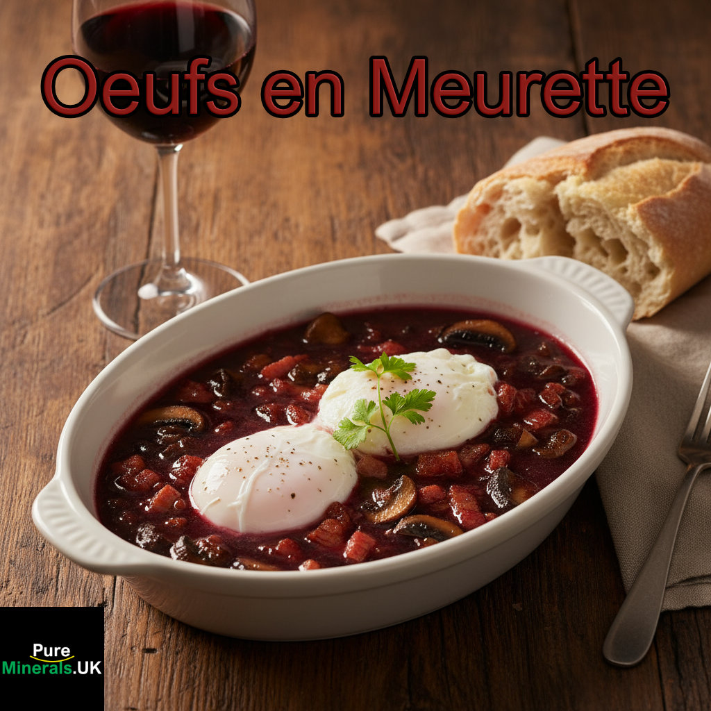 A rustic French dish of Oeufs en Meurette—poached eggs in a rich red wine sauce—garnished with fresh chervil, served on a dark wooden table with red wine.
