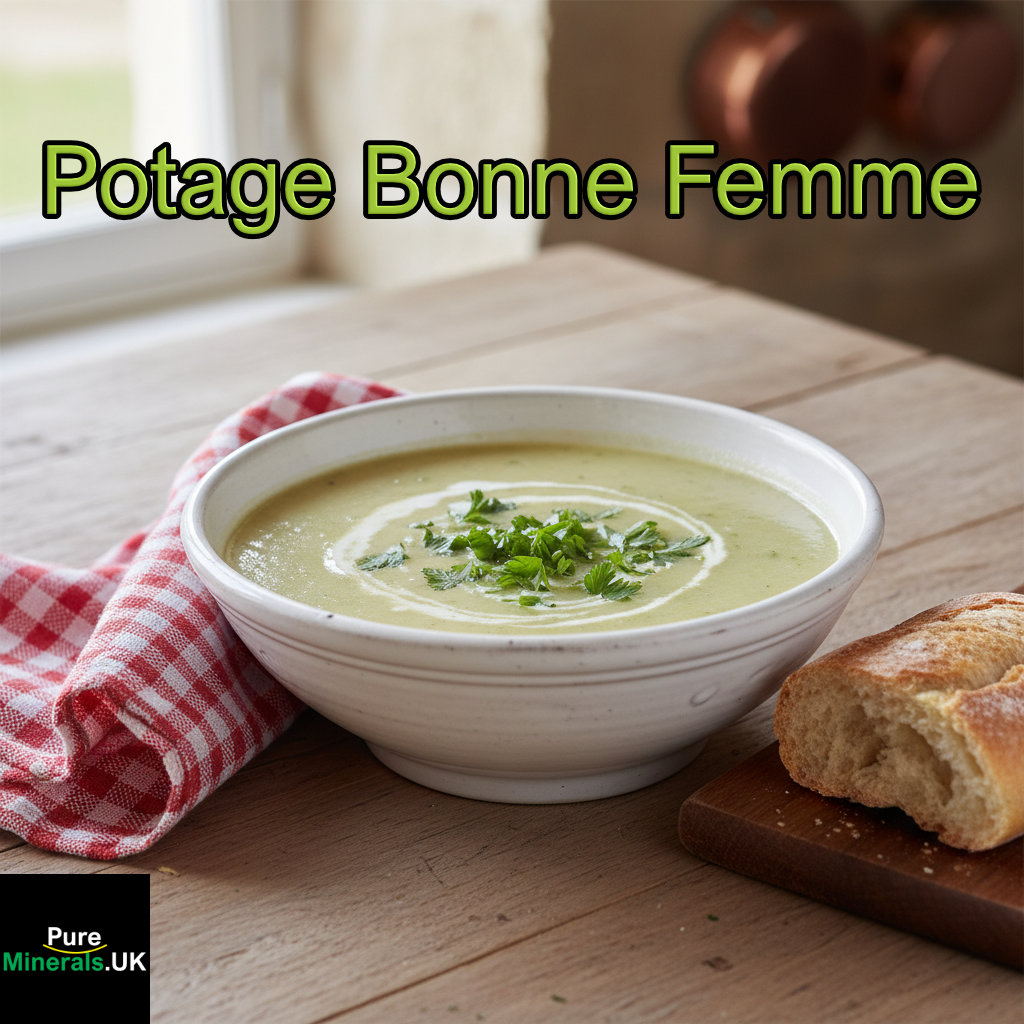 A creamy bowl of Potage Bonne Femme, a French leek and potato soup, garnished with fresh chervil and a swirl of cream, set on a rustic kitchen table.