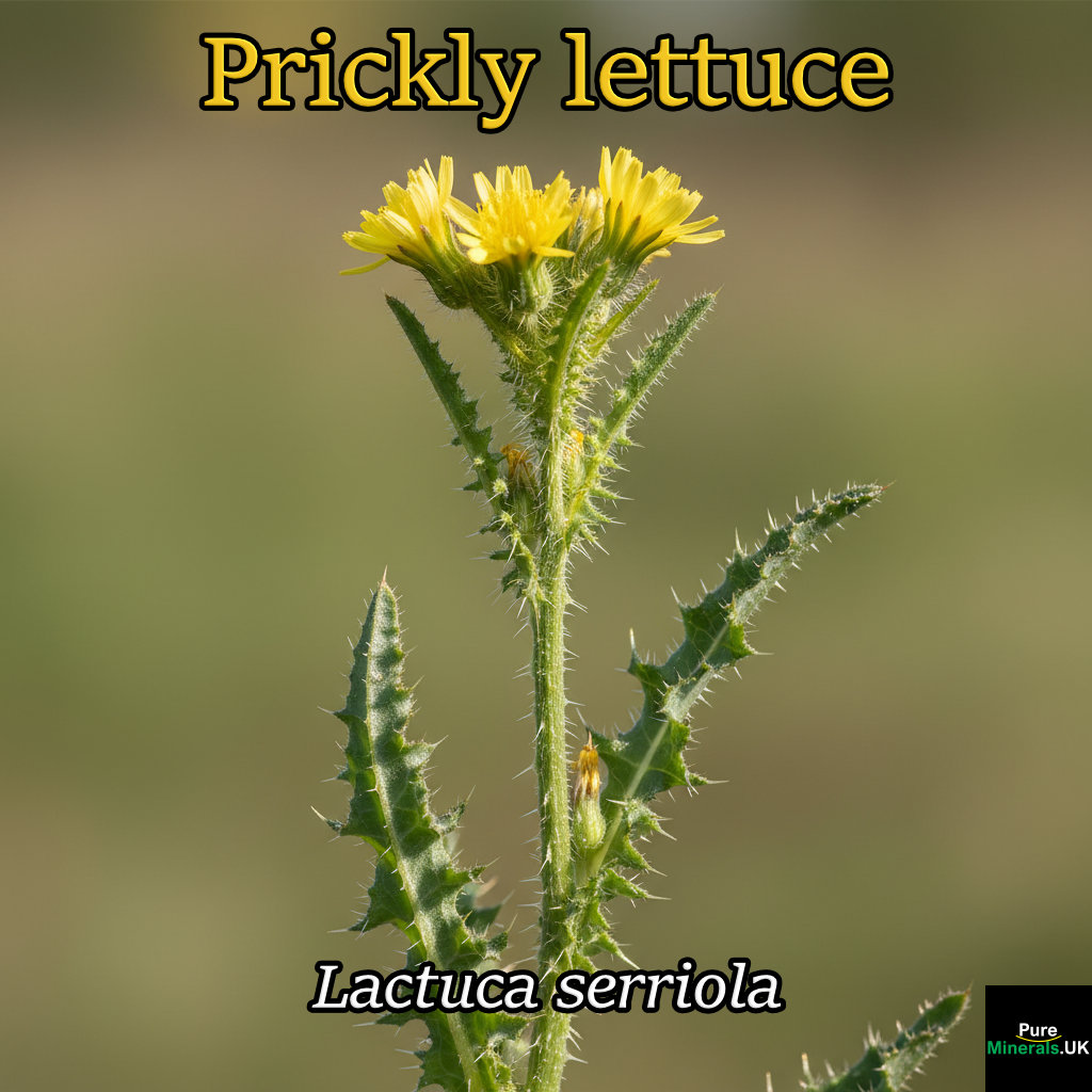 A close-up photograph of a Prickly Lettuce (Lactuca serriola) showing small, pale yellow flowers and deeply lobed leaves with sharp prickles on the underside.