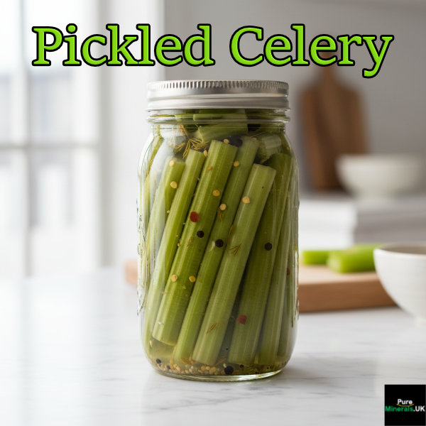 A clear glass Mason jar filled with bright green pickled celery spears, brine, and visible spices, sitting on a clean kitchen counter.