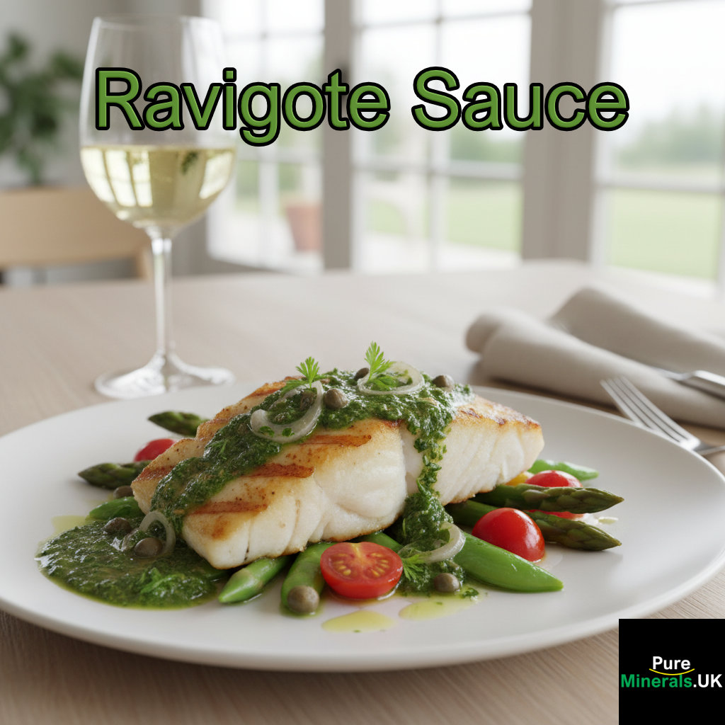 A light, healthy dish of grilled white fish and vegetables drizzled with a bright green Ravigote herb vinaigrette, set on a sunny dining table with a glass of white wine.