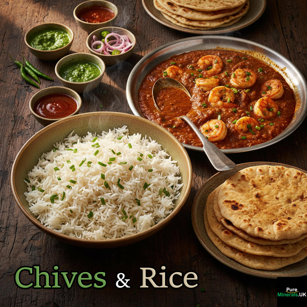 A bowl of chive rice next to a metal tray of King Prawn Madras curry with a ladle, and a plate of Chapatas on a dining table.
