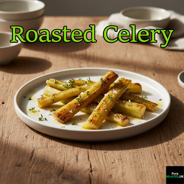 Close-up of a roasted celery side dish on a white plate, showing golden-brown caramelized celery seasoned with fresh thyme and salt flakes, set on a wooden table.